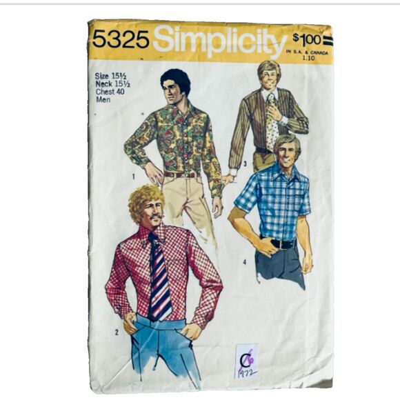 Vintage 70s Men Dress Shirt Short Long Sleeve Pattern Simplicity 5325 Sz 15.5. - Picture 1 of 2